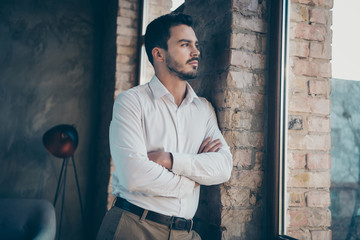 Profile side view of his he nice attractive confident man employee employer company owner founder...