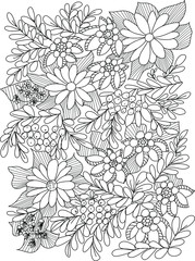 Forest flowers, leaves and berries. Vector coloring book pages for adult and children. Hand drawn illustration. Love bohemian concept for wedding invitations, cards, congratulations, branding