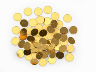 Pile of golden dollar coins falling isolated on white. View from above. 3D illustration