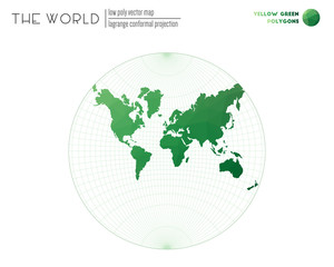 Abstract world map. Lagrange conformal projection of the world. Yellow Green colored polygons. Energetic vector illustration.