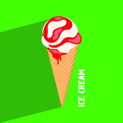 Ice cream in a waffle cup. Ice-cream cone of different taste with  toppings. Summer dessert. Vector illustration