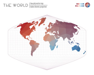 Triangular mesh of the world. Baker Dinomic projection of the world. Red Blue colored polygons. Energetic vector illustration.
