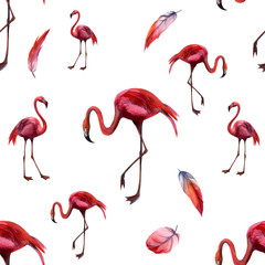 Obraz premium Watercolor seamless pattern with flamingo. Hand drawing decorative background. Hand drawn watercolor illustration. Print for textile, cloth, wallpaper, scrapbooking