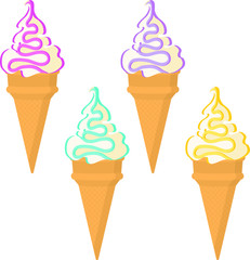 Ice cream in a waffle cup. Ice-cream cone of different taste with  toppings. Summer dessert. Vector illustration