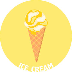 Ice cream in a waffle cup. Ice-cream cone of different taste with  toppings. Summer dessert. Vector illustration