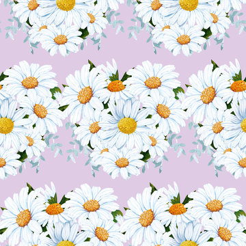 seamless pattern with hand painted daisy bouqet