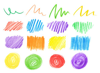 Collage of color drawn pencil scribbles on white background