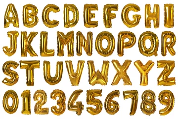 Poster Set with golden foil balloons in shape of letters and numbers on white background © New Africa