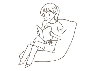 部屋でリラックスして読書する女性　線画