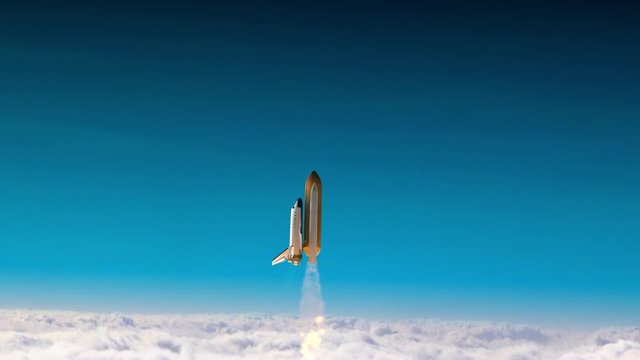 Space shuttle atlantis 3D render animation flying over clouds.