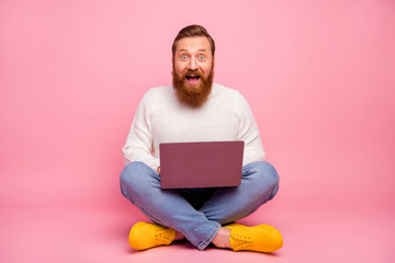 Full body photo astonished guy freelancer entrepreneur work laptop search social media discounts...