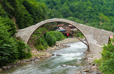 Fototapeta na wymiar Famous senyuva (cinciva) stone bridge on the storm valley (Firtina vadisi), Rize, Turkey