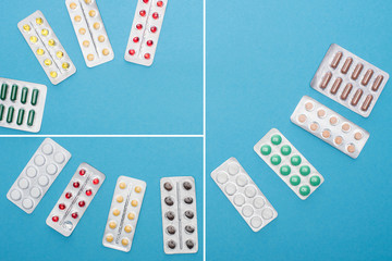 collage of colorful pills in blister packs on blue background