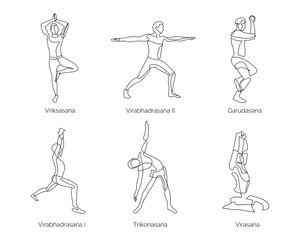 Yoga poses. Black isolated on white background. Continuous line drawing.