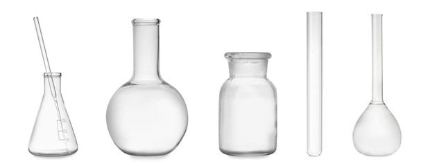 Set of laboratory glassware on white background. Banner design