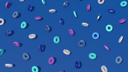 Colorful rings, blue background. Abstract illustration, 3d render.