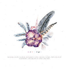 Watercolor flower bouquet. Floral composition with leopard orchid, feathers and leaves. Boho style. Pastel pink, blue.