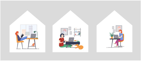 A series of illustrations about working from home in a cozy environment with your pet. Girl working on a laptop in a home office.