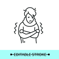 Fever line icon.Chills, feeling feverish, shaking body.Isolated linear vector character illustration.Editable stroke

