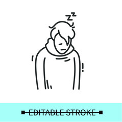  Fatigue line icon.Character feeling tired and mental exhaustion.Stress symptom.
Low energy.Health problem.Isolated linear vector character illustration.Editable stroke
