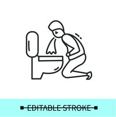 Vomiting line icon.Character feeling nausea.Man puking in bathroom.Hangover.
Symptoms food poisoning .Health problem.Isolated linear vector character illustration.Editable stroke

