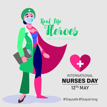 International Nurses Day vector. May 12th International Nurses Day thank you card. Nurse with face mask and super hero suit Vector. Nurse as a wonder woman vector.Thank you doctors and nurses vector.