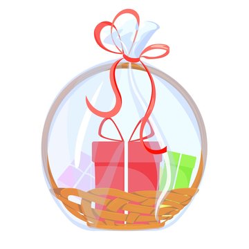 Gift basket. Holiday celebration present with bow ribbon and surprise box. Vector