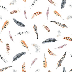 Seamless pattern with watercolor striped and polka dots feathers.  Feather of a pheasant, owl and other birds.