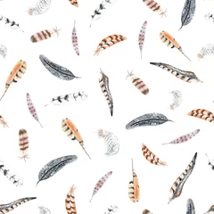 Fotobehang Aquarel veren Naadloze patroon met aquarel gestreepte en polka dots veren. Veer van een fazant, uil en andere vogels.