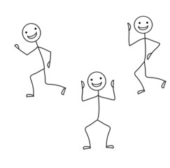 Happy dancing stick man in various poses isolated against white background