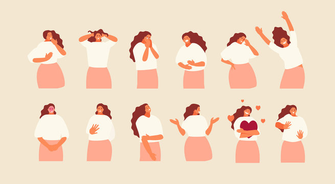 Set girl character with different emotions and gestures. Vector illustration