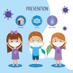 children using face mask with campaign prevention 2019 ncov vector illustration design