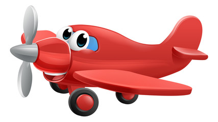 Vliegtuig cartoon karakter mascotte. Een illustratie van een schattig rood klein of speelgoedvliegtuigje