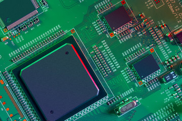 Electronic circuit board close up.