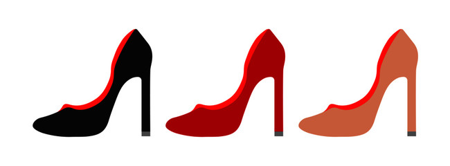 Demi-season women's shoes. Fashionable high heel shoes.
Women's boats in classic colors: black, beige and red. Vector graphics.