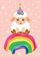 Greeting card with cute unicorn lamb sitting on rainbow
