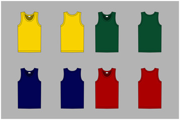 T-shirt without a sleeve. Clothing for women and men. Set of colored t-shirts without sleeves. Rear and front view. Basic casual clothing and sports. Vector illustration.