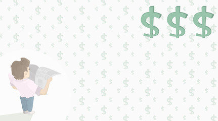 A man reads a newspaper about finance and business, standing with his back to the viewer. Background