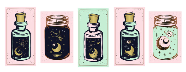 witch's magic potions, moon and stars in a jar, mystical drawing: human hands hold the moon. Sacred geometry. ector illustration Print, poker, t-shirt, postcard.