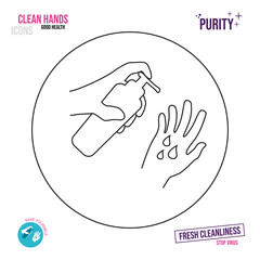 Thin line icon. Icon of a hand holding a bottle with an antiseptic or liquid soap. Putting liquid soap on hands