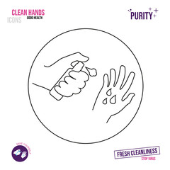 Thin line icon. Icon of a hand holding a bottle with an antiseptic. Spray Application of spray on hands