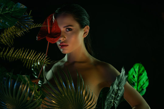 Sexy girl near leaves covering face with red anthurium and looking at camera isolated on black