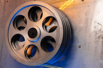 Close up of cable wire production in cable factory. Industrial background