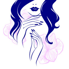 Beautiful woman with sexy lips, hand with manicure nails polish, volume hairs, element design, nails studio. Beauty Logo. Flowers background.  Vector illustration
