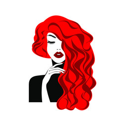 Beautiful sexy face, red lips, hand with red manicure nails, fashion woman, element design, nails studio, curly hairstyle, hair salon sign, icon. Beauty Logo. Vector illustration. Hand drawing style.