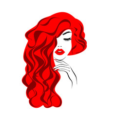 Beautiful sexy face, red lips, hand with red manicure nails, fashion woman, element design, nails studio, curly hairstyle, hair salon sign, icon. Beauty Logo. Vector illustration. Hand drawing style.