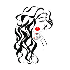 Beautiful sexy face, red lips, hand with red manicure nails, fashion woman, element design, nails studio, curly hairstyle, hair salon sign, icon. Beauty Logo. Vector illustration. Hand drawing style.
