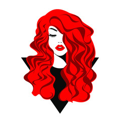 Beautiful sexy face, red lips, fashion woman, element design, curly hairstyle, hair salon sign, hairdresser icon. Beauty Logo. Vector illustration. Hand drawing style.