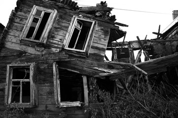 Old breaked russian house from wood planks.