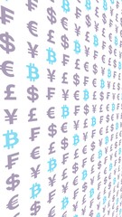 Fototapeta na wymiar Bitcoin and currency on a white background. Digital crypto currency symbol. Business concept. Market Display. 3D illustration